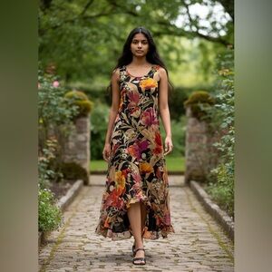 VTG Chiffon Maxi Dress Women’s SZ 4 Asymmetrical Hem Dark Romantic Floral Fairy